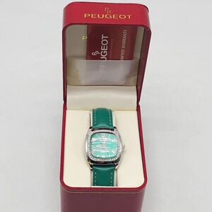 Peugeot Womens Green Dial Quartz Watch With Crystal Bezel & Leather Strap